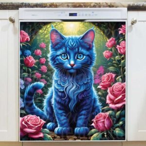 Blue Kitten and Pink Roses Magnetic Dishwasher Door Cover