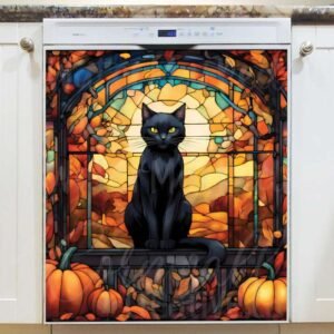 Stained Glass Black Cat and Pumpkins Magnetic Dishwasher Door Cover