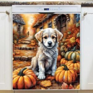 Pumpkin Puppy in the Village Magnetic Dishwasher Door Cover