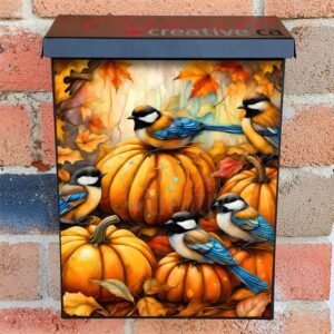 Pumpkin Chickadees and Leaves Colonial Mailbox Cover