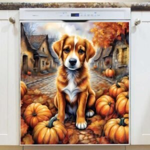 Cute Dog and Pumpkins in the Village Magnetic Dishwasher Door Cover