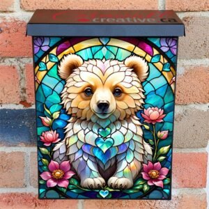 Stained Glass Bear Cub Colonial Mailbox Cover