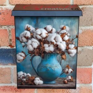 Cotton Flowers in a Rustic Blue Vase Colonial Mailbox Cover