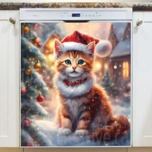 Christmas Kitten in Santa Hat Magnetic Dishwasher Door Cover