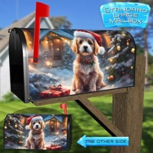 Christmas Puppy in Santa Hat Rural Farm Mailbox Cover