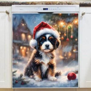 Christmas Dog in Santa Hat Magnetic Dishwasher Door Cover