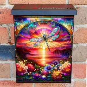 Stained Glass Sunset Dragonfly Colonial Mailbox Cover