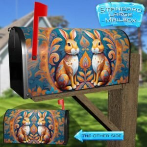 Blue and Yellow Folk Rabbits Rural Farm Mailbox Cover
