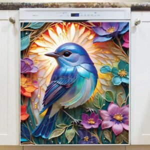 Beautiful Blue Bird and Flowers Magnetic Dishwasher Door Cover