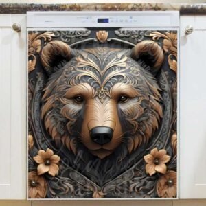 Tooled Leather Grizzly Bear Magnetic Dishwasher Door Cover