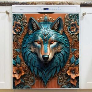 Tooled Leather Wolf Magnetic Dishwasher Door Cover