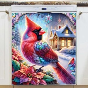 Stained Glass Christmas Cardinals Magnetic Dishwasher Door Cover