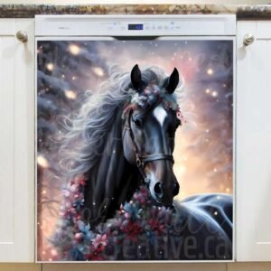 Black Winter Horse Magnetic Dishwasher Door Cover