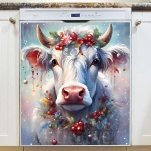 Festive White Christmas Cow Magnetic Dishwasher Door Cover