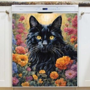 Black Maine Coon Cat and Flowers Magnetic Dishwasher Door Cover