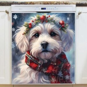 Festive White Christmas Dog Magnetic Dishwasher Door Cover