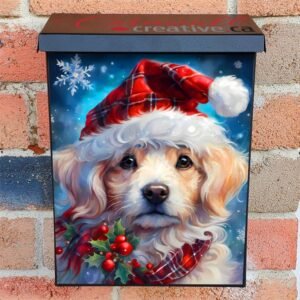 Lovely Christmas Pup in Santa Hat Colonial Mailbox Cover