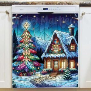 Stained Glass Christmas Cottage Magnetic Dishwasher Door Cover
