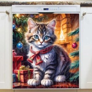 Christmas Kitten with Gifts Magnetic Dishwasher Door Cover