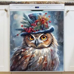 Beautiful Christmas Owl in Top Hat Magnetic Dishwasher Door Cover