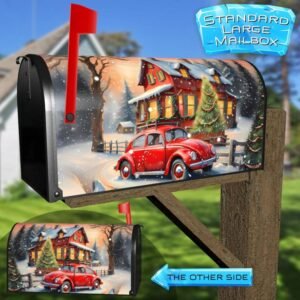 Little Red Car and Christmas Cottage Rural Farm Mailbox Cover