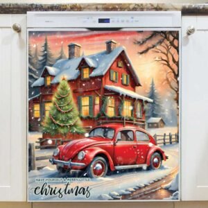 Little Red Car and Christmas Cottage Magnetic Dishwasher Door Cover