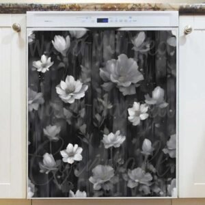 Little Flowers on Black Wood Magnetic Dishwasher Door Cover