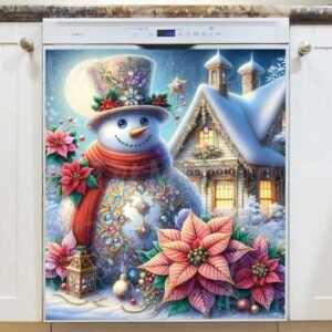 Snowman with Poinsettias and Lantern Magnetic Dishwasher Door Cover