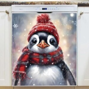 Winter Penguin in Hat and Scarf Magnetic Dishwasher Door Cover