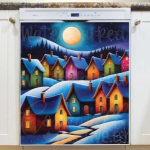 Colorful Winter Village on the Hill Magnetic Dishwasher Door Cover