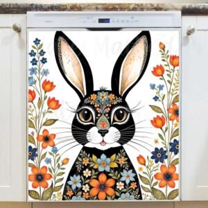 Folklore Black Rabbit with Flowers Magnetic Dishwasher Door Cover