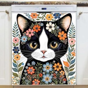 Folklore Black Cat with Flowers Magnetic Dishwasher Door Cover