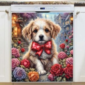 Valentine’s Puppy and Flowers Magnetic Dishwasher Door Cover