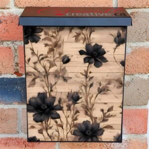 Black Flowers on Wood Background Colonial Mailbox Cover
