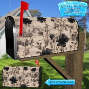Black Flowers on Wood Background Rural Farm Mailbox Cover