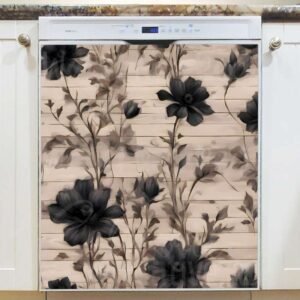 Black Flowers on Wood Background Magnetic Dishwasher Door Cover