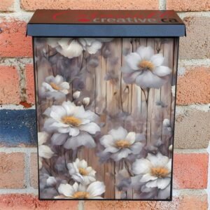 Grey Flowers on Wood Background Colonial Mailbox Cover