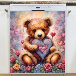 Valentines Bear with Hearts Magnetic Dishwasher Door Cover
