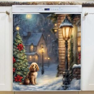Little Dog at the Christmas Cottage Magnetic Dishwasher Door Cover