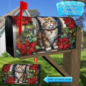 Stained Glass Poinsettias and Kitten Rural Farm Mailbox Cover