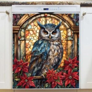 Stained Glass Poinsettias and Owl Magnetic Dishwasher Door Cover