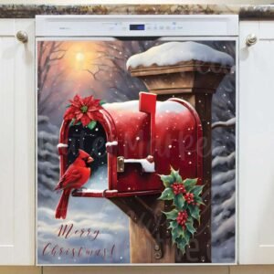 Cardinal in the Christmas Mailbox Magnetic Dishwasher Door Cover