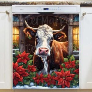 Christmas Cow and Poinsettias Magnetic Dishwasher Door Cover