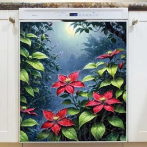 Red Clematis Flowers in the Rain Magnetic Dishwasher Door Cover