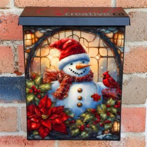 Stained Glass Snowman and Cardinal Colonial Mailbox Cover