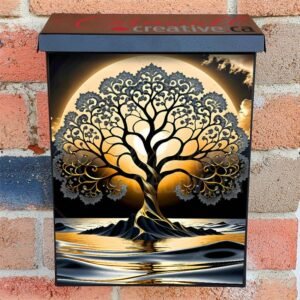 Gold and Grey Zen Tree in the Lake Colonial Mailbox Cover