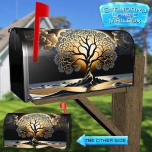 Gold and Grey Zen Tree in the Lake Rural Farm Mailbox Cover