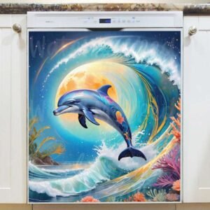 Jumping Dolphin in the Moonlight Magnetic Dishwasher Door Cover