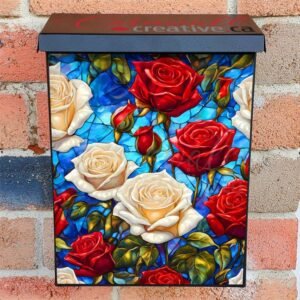 Stained Glass White and Red Roses Colonial Mailbox Cover