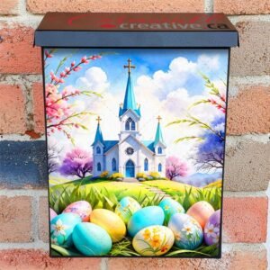 Easter Church and Eggs Colonial Mailbox Cover
